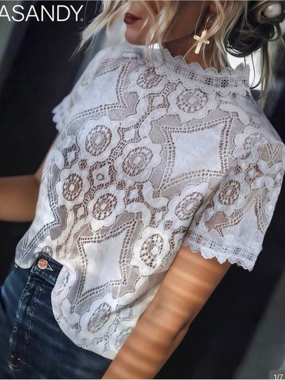 SHEIN White Lace High-Neck Crochet Blouse